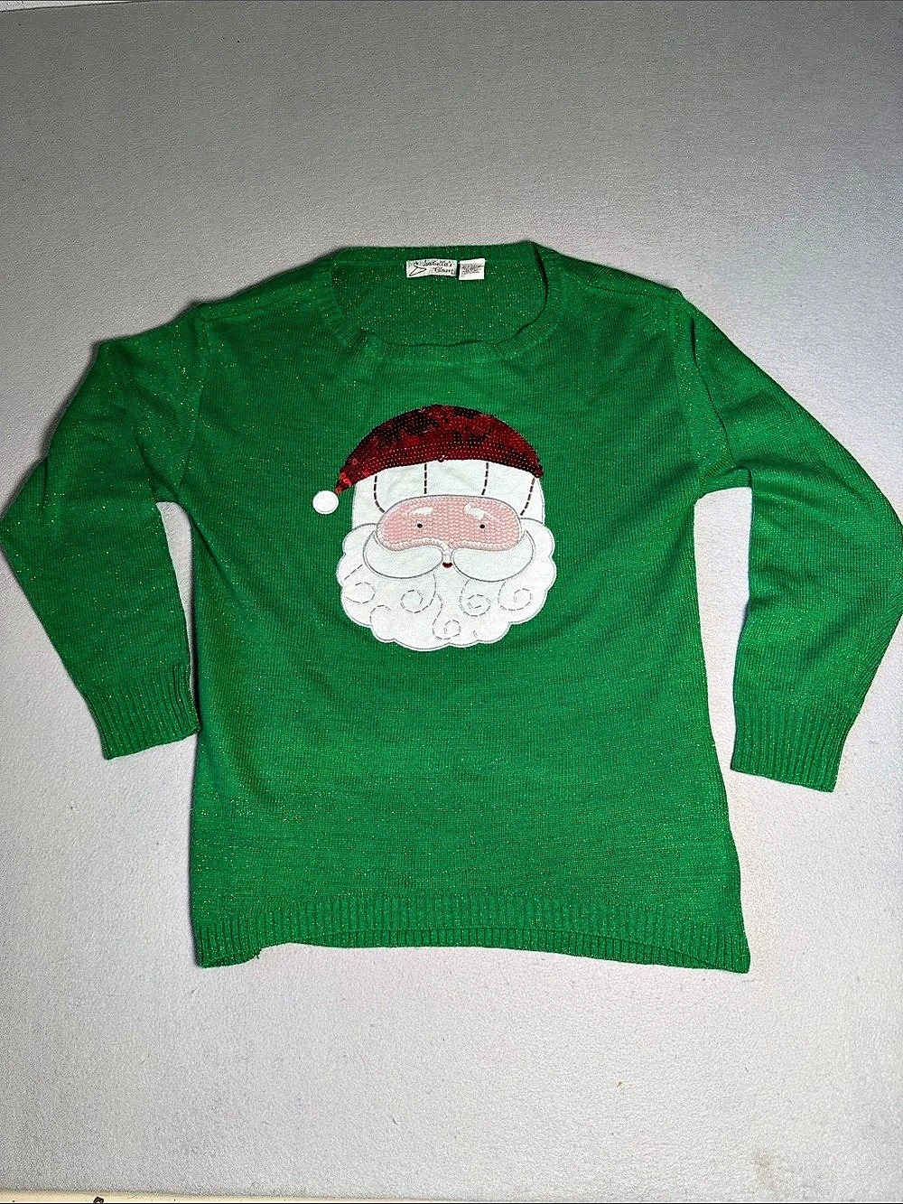 Ugly Christmas Sweater Green Glittery by Isabella's Closet Santa Sequin Size L